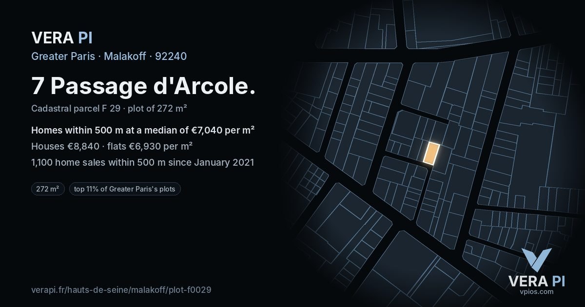 7 Passage d'Arcole, Malakoff at night – the plot lit, the parcels around coloured by the prices near them