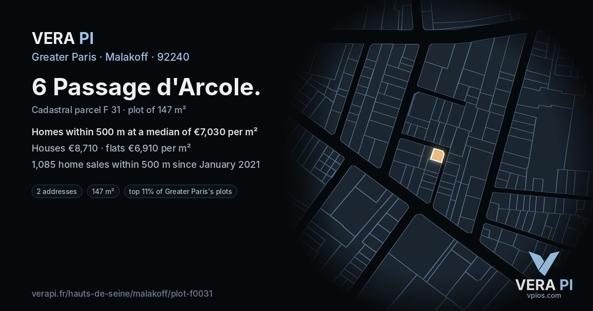 6 Passage d'Arcole, Malakoff at night – the plot lit, the parcels around coloured by the prices near them