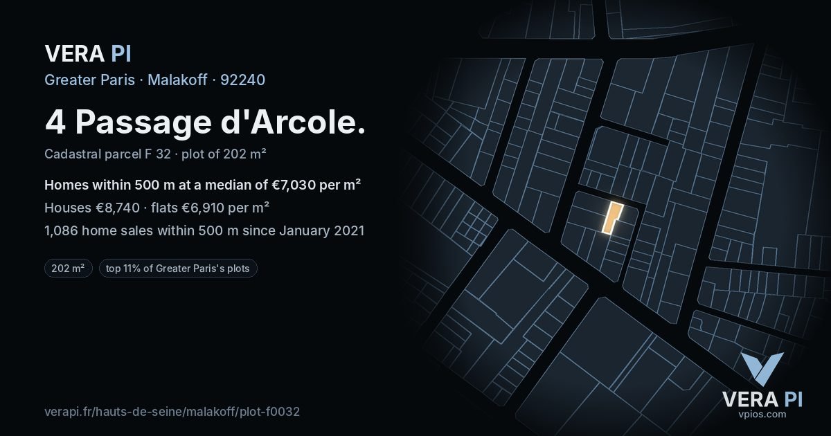 4 Passage d'Arcole, Malakoff at night – the plot lit, the parcels around coloured by the prices near them