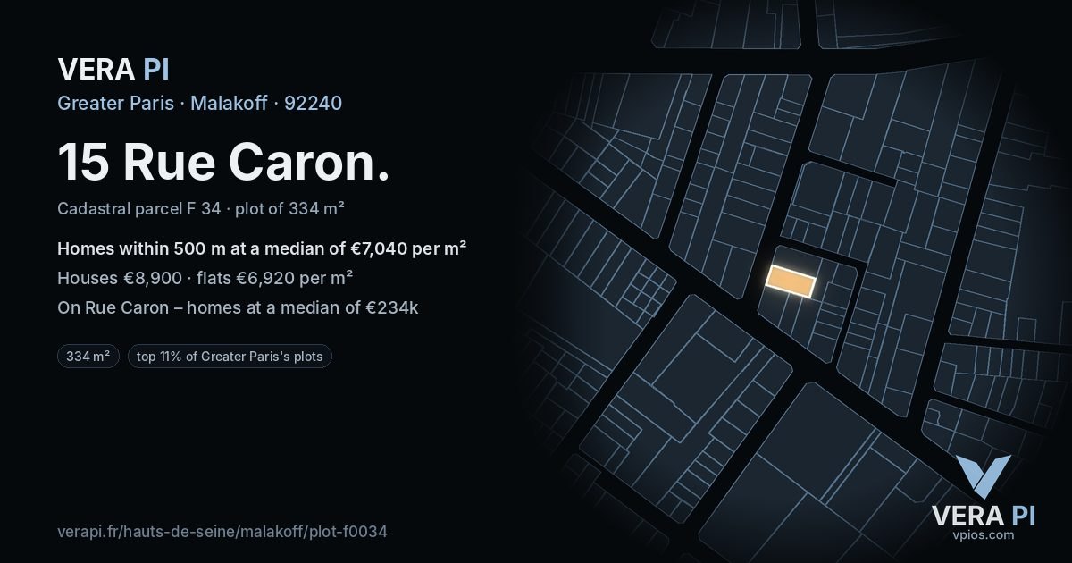 15 Rue Caron, Malakoff at night – the plot lit, the parcels around coloured by the prices near them