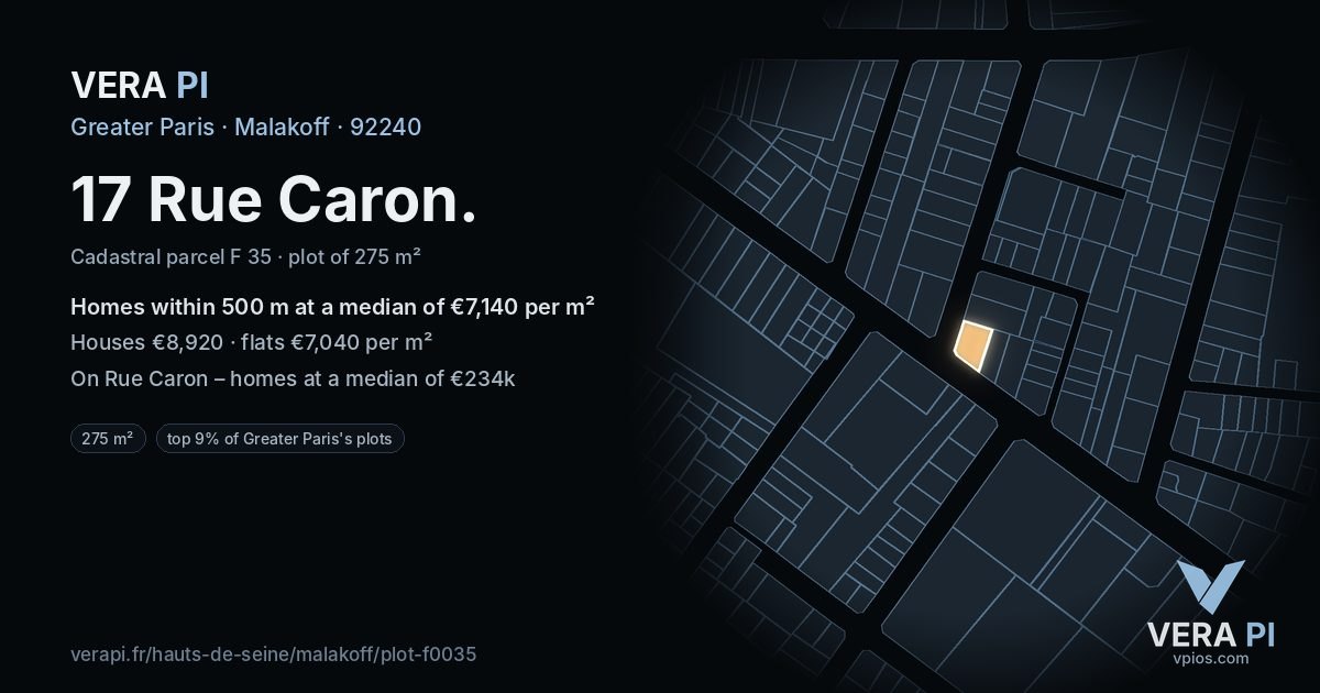 17 Rue Caron, Malakoff at night – the plot lit, the parcels around coloured by the prices near them
