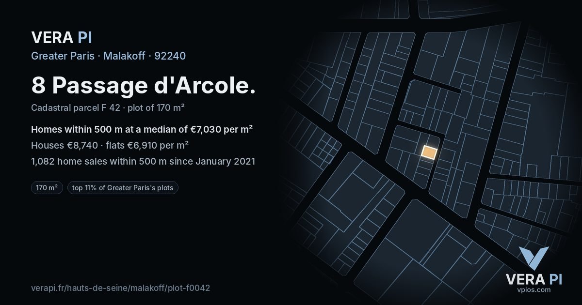 8 Passage d'Arcole, Malakoff at night – the plot lit, the parcels around coloured by the prices near them