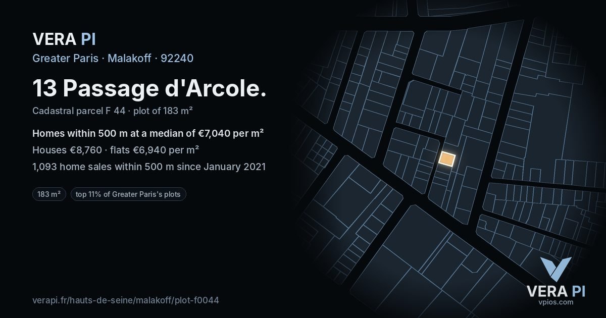 13 Passage d'Arcole, Malakoff at night – the plot lit, the parcels around coloured by the prices near them
