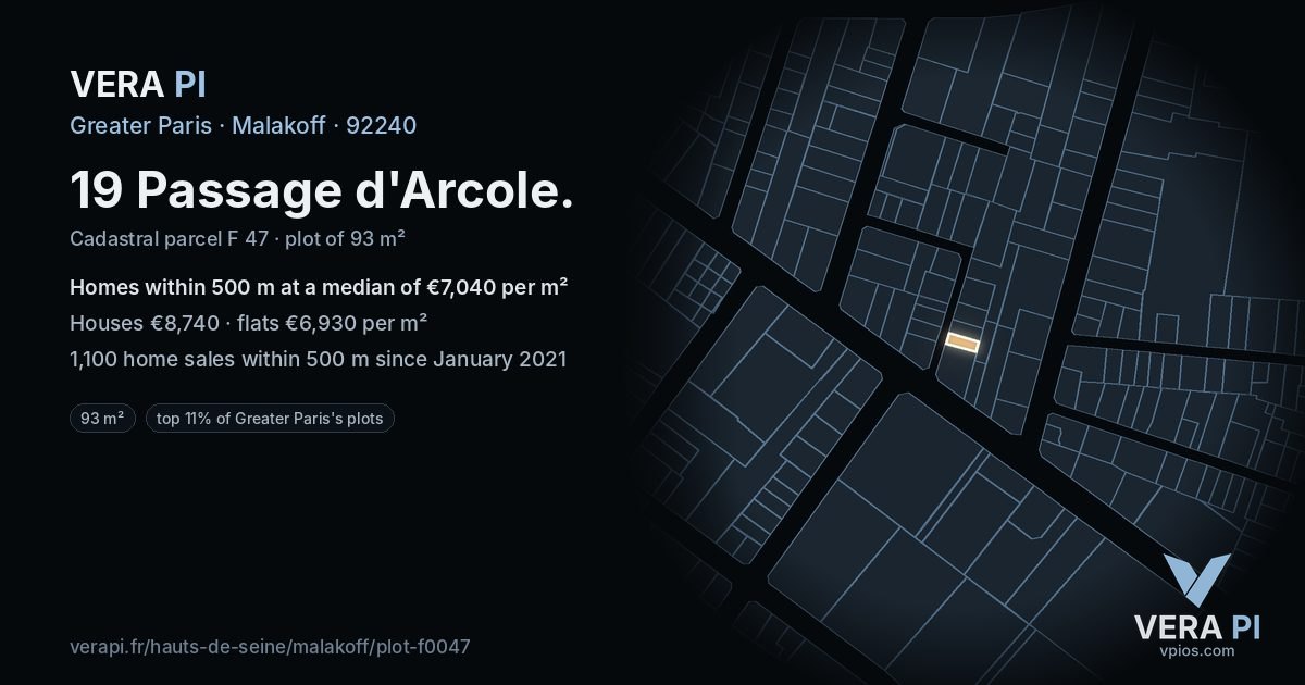 19 Passage d'Arcole, Malakoff at night – the plot lit, the parcels around coloured by the prices near them