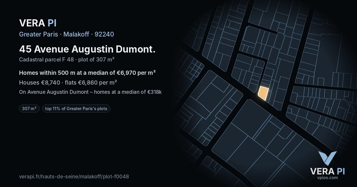 45 Avenue Augustin Dumont, Malakoff at night – the plot lit, the parcels around coloured by the prices near them