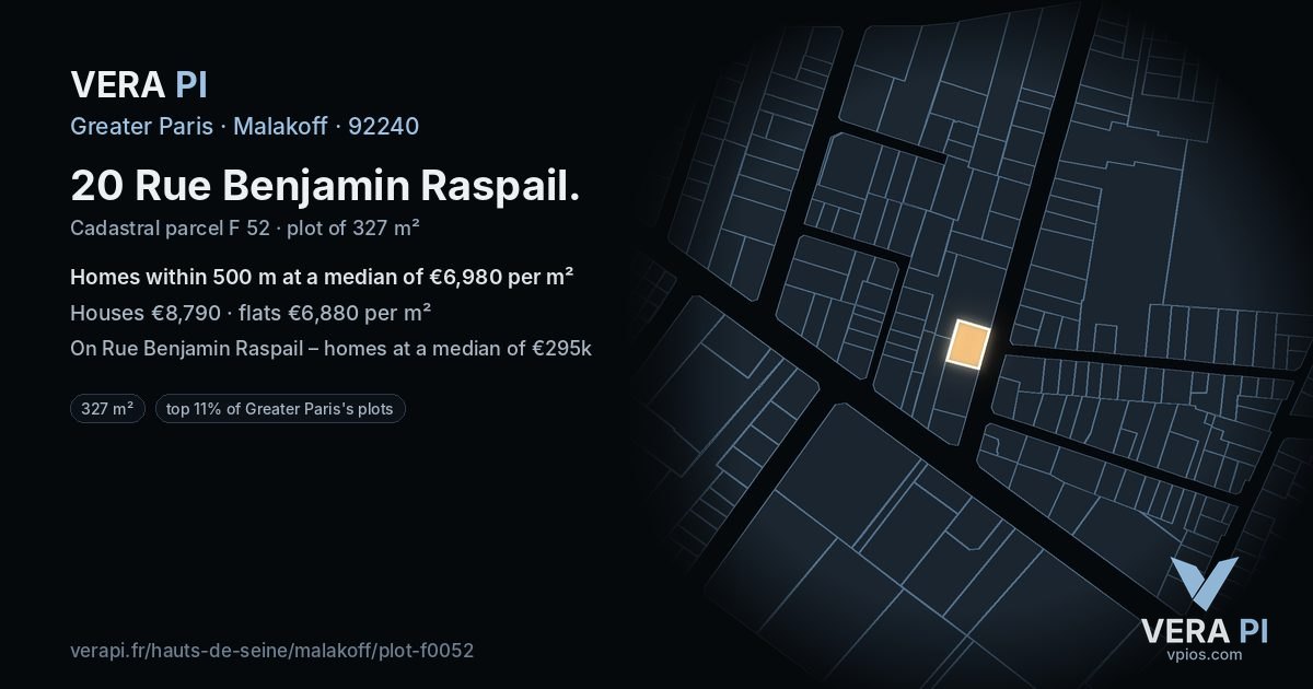 20 Rue Benjamin Raspail, Malakoff at night – the plot lit, the parcels around coloured by the prices near them