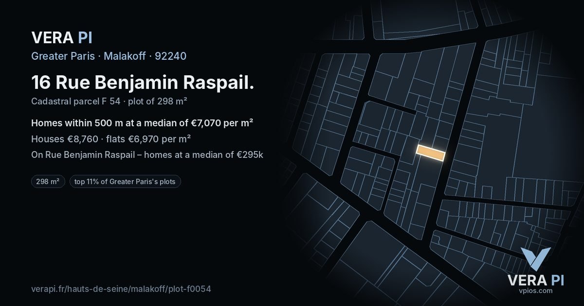 16 Rue Benjamin Raspail, Malakoff at night – the plot lit, the parcels around coloured by the prices near them