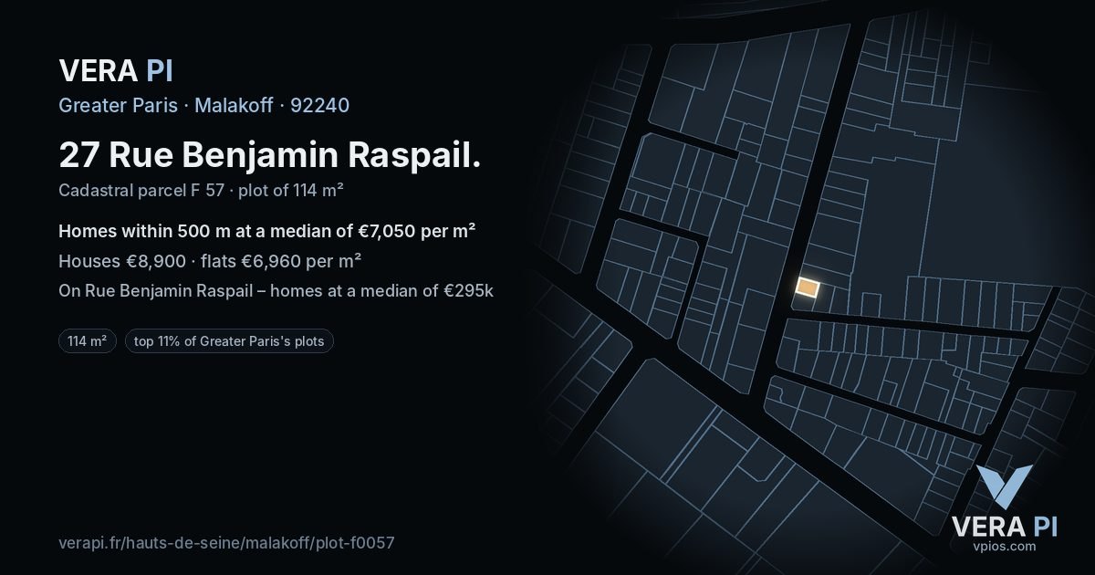 27 Rue Benjamin Raspail, Malakoff at night – the plot lit, the parcels around coloured by the prices near them