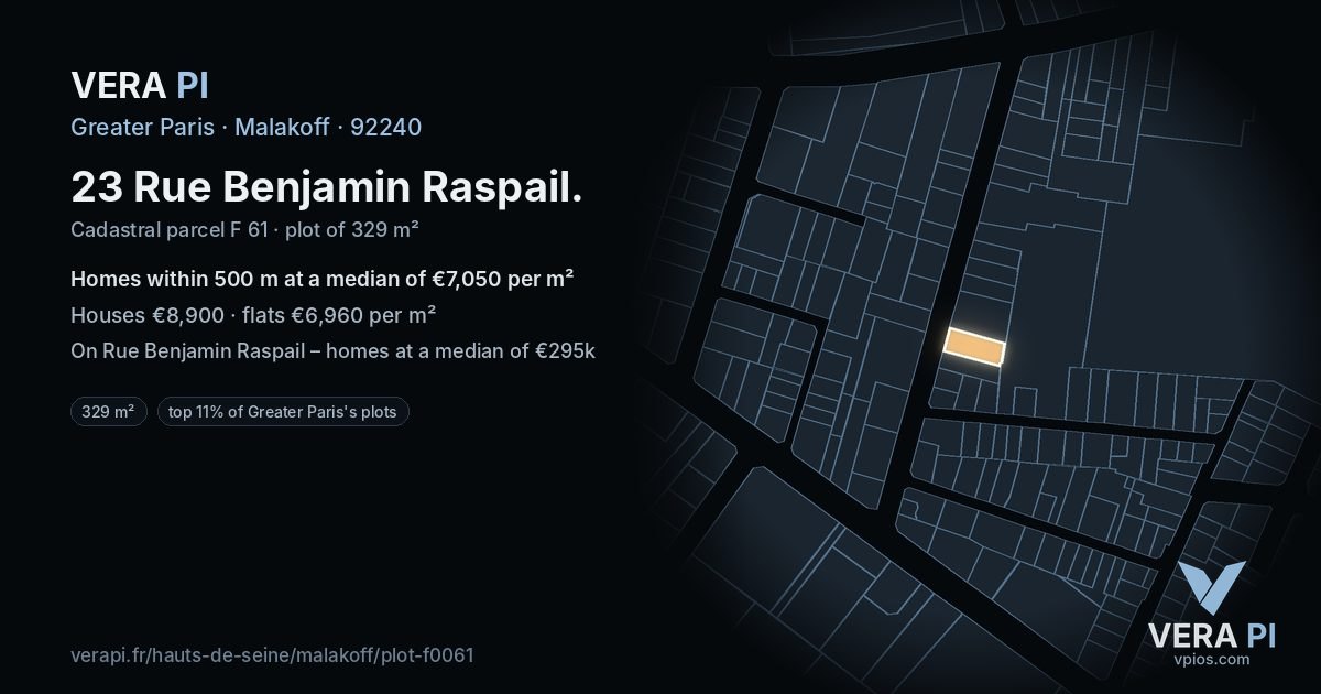 23 Rue Benjamin Raspail, Malakoff at night – the plot lit, the parcels around coloured by the prices near them