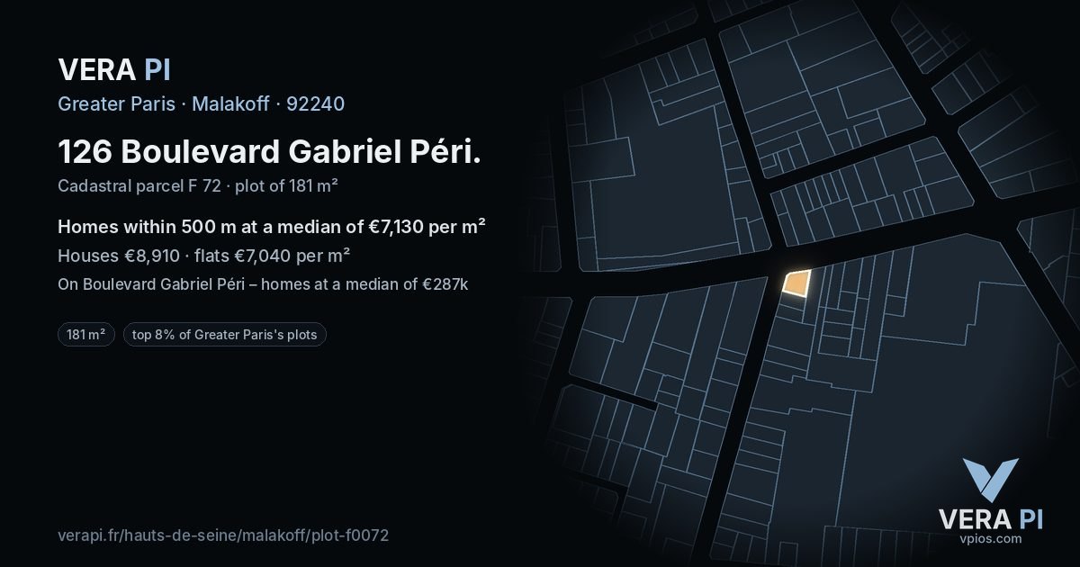 126 Boulevard Gabriel Péri, Malakoff at night – the plot lit, the parcels around coloured by the prices near them