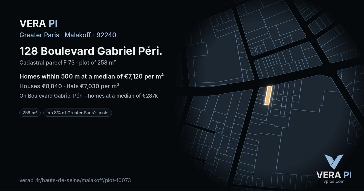 128 Boulevard Gabriel Péri, Malakoff at night – the plot lit, the parcels around coloured by the prices near them
