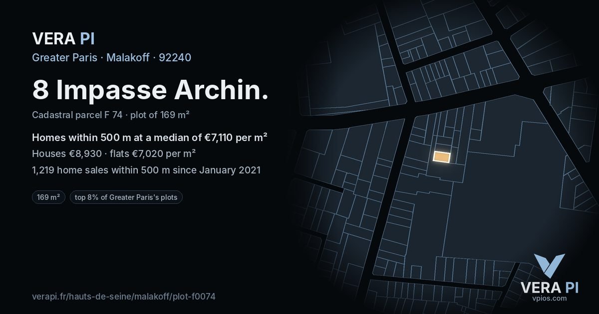 8 Impasse Archin, Malakoff at night – the plot lit, the parcels around coloured by the prices near them