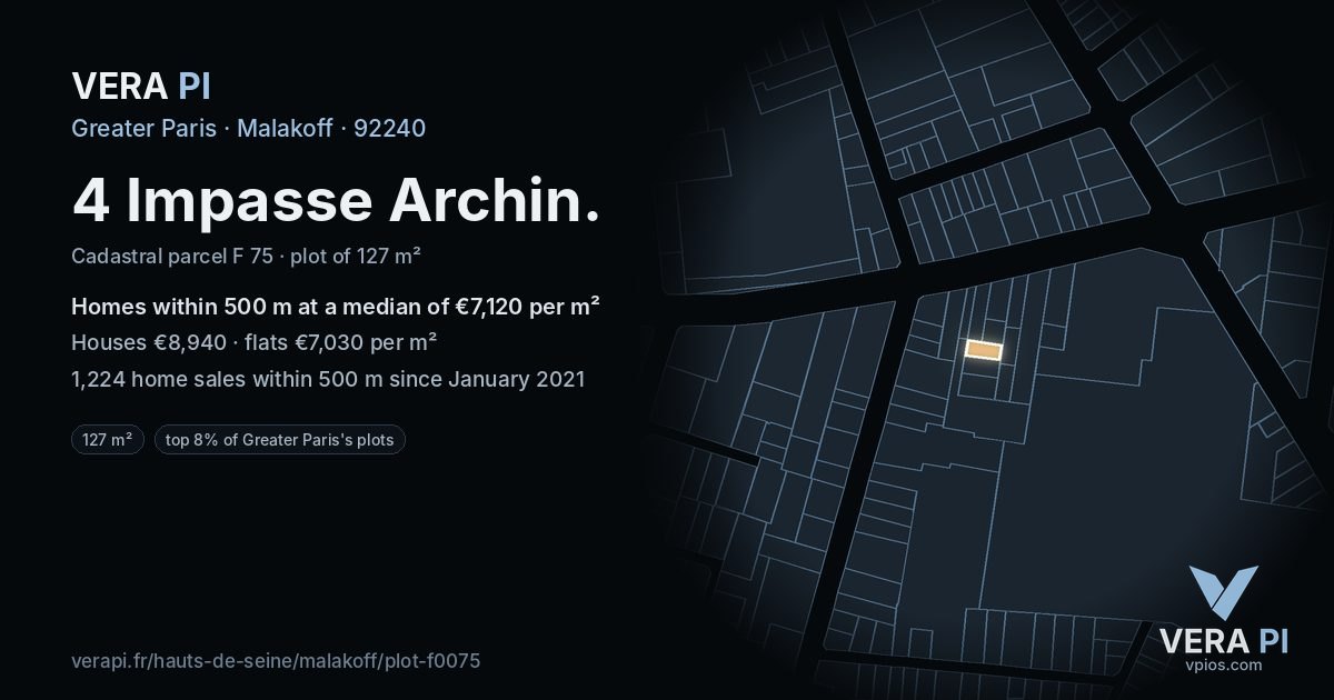 4 Impasse Archin, Malakoff at night – the plot lit, the parcels around coloured by the prices near them