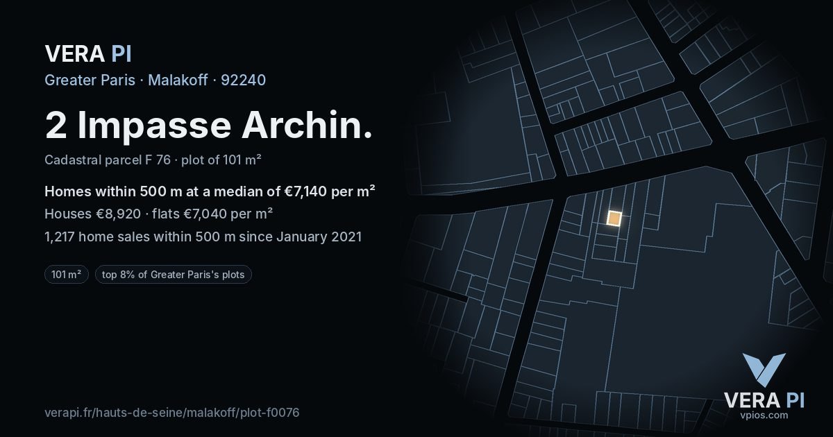 2 Impasse Archin, Malakoff at night – the plot lit, the parcels around coloured by the prices near them