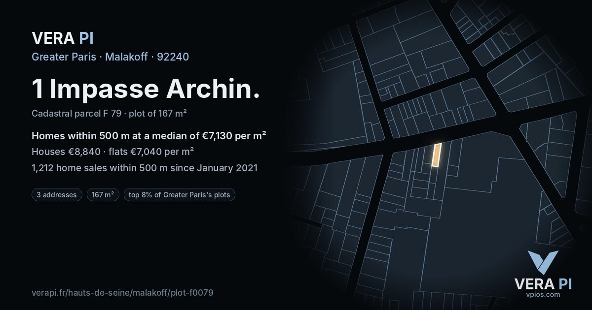 1 Impasse Archin, Malakoff at night – the plot lit, the parcels around coloured by the prices near them