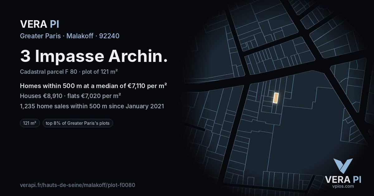 3 Impasse Archin, Malakoff at night – the plot lit, the parcels around coloured by the prices near them