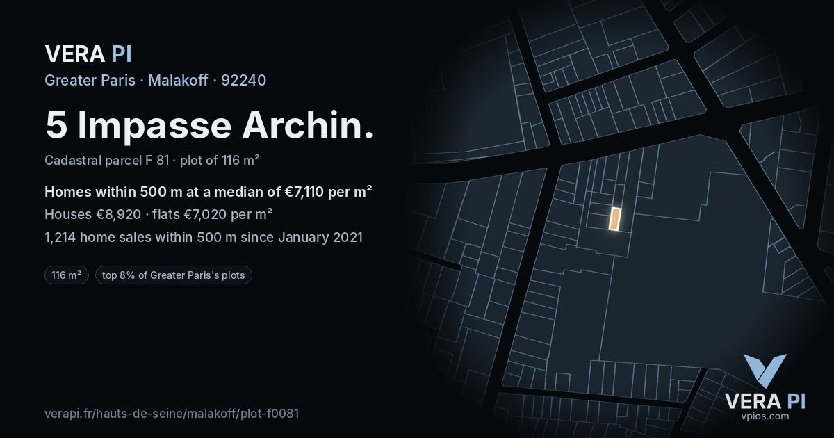 5 Impasse Archin, Malakoff at night – the plot lit, the parcels around coloured by the prices near them