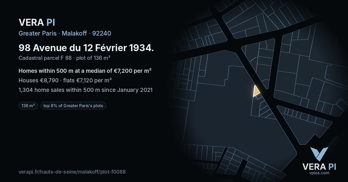 98 Avenue du 12 Février 1934, Malakoff at night – the plot lit, the parcels around coloured by the prices near them