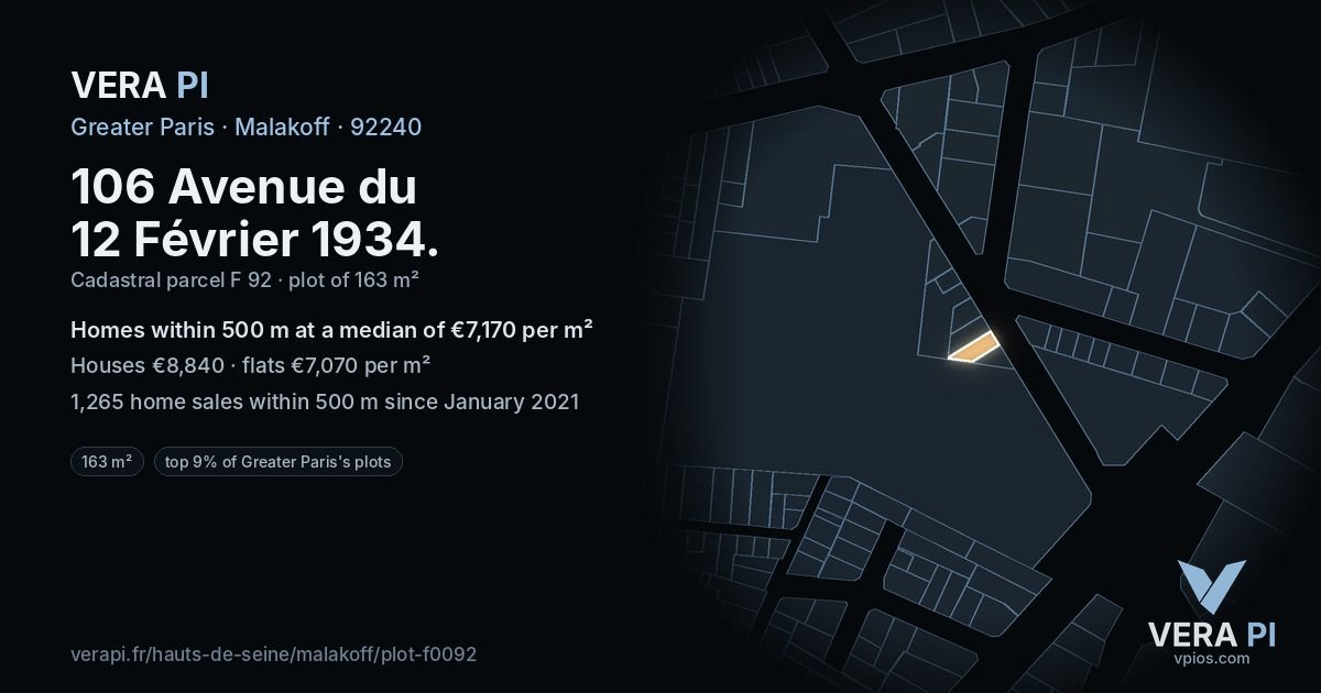 106 Avenue du 12 Février 1934, Malakoff at night – the plot lit, the parcels around coloured by the prices near them