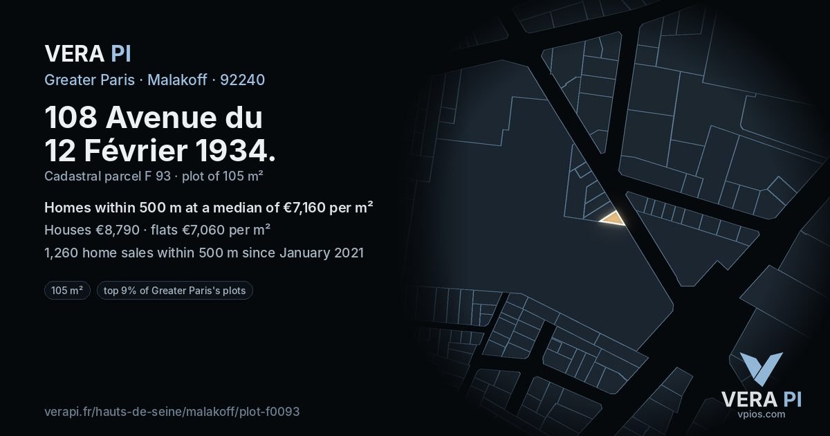 108 Avenue du 12 Février 1934, Malakoff at night – the plot lit, the parcels around coloured by the prices near them