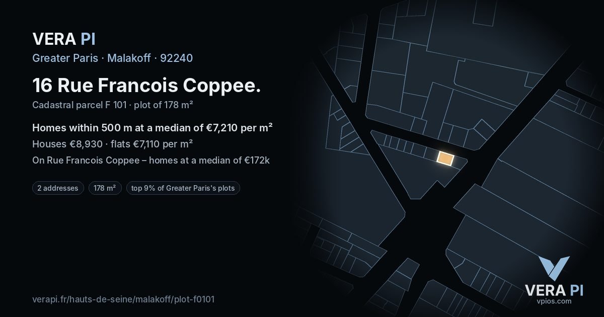 16 Rue Francois Coppee, Malakoff at night – the plot lit, the parcels around coloured by the prices near them