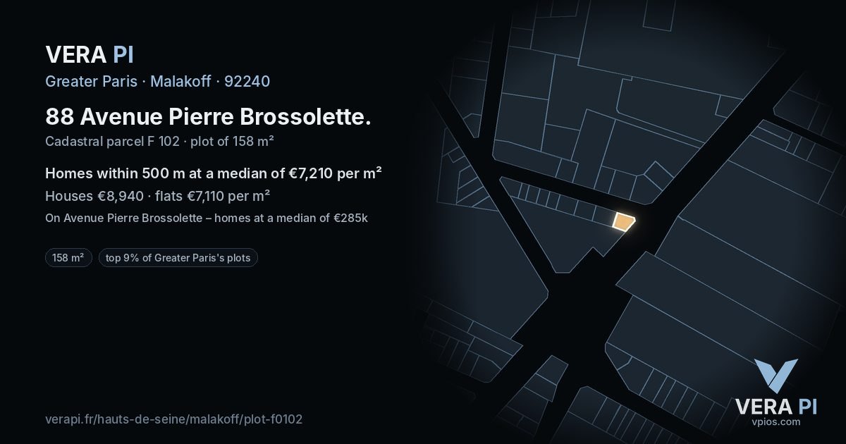88 Avenue Pierre Brossolette, Malakoff at night – the plot lit, the parcels around coloured by the prices near them