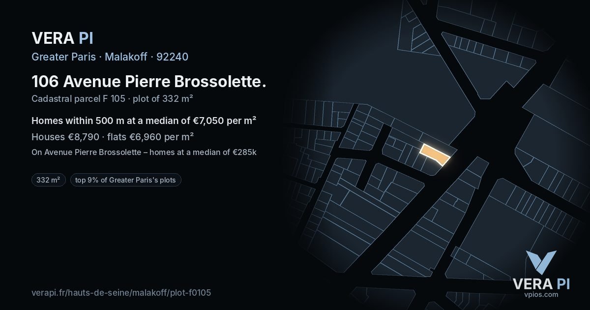 106 Avenue Pierre Brossolette, Malakoff at night – the plot lit, the parcels around coloured by the prices near them