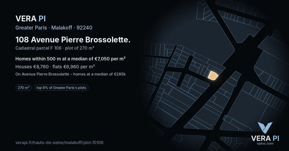 108 Avenue Pierre Brossolette, Malakoff at night – the plot lit, the parcels around coloured by the prices near them
