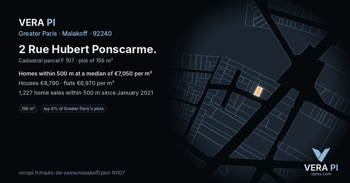 2 Rue Hubert Ponscarme, Malakoff at night – the plot lit, the parcels around coloured by the prices near them