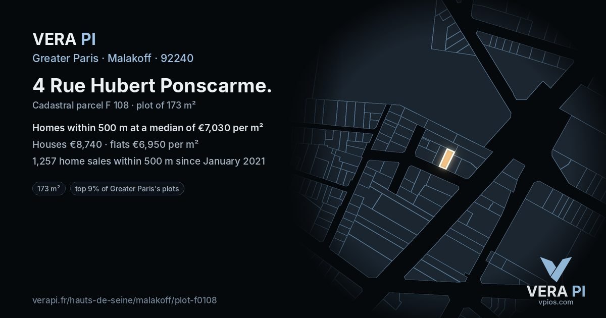 4 Rue Hubert Ponscarme, Malakoff at night – the plot lit, the parcels around coloured by the prices near them