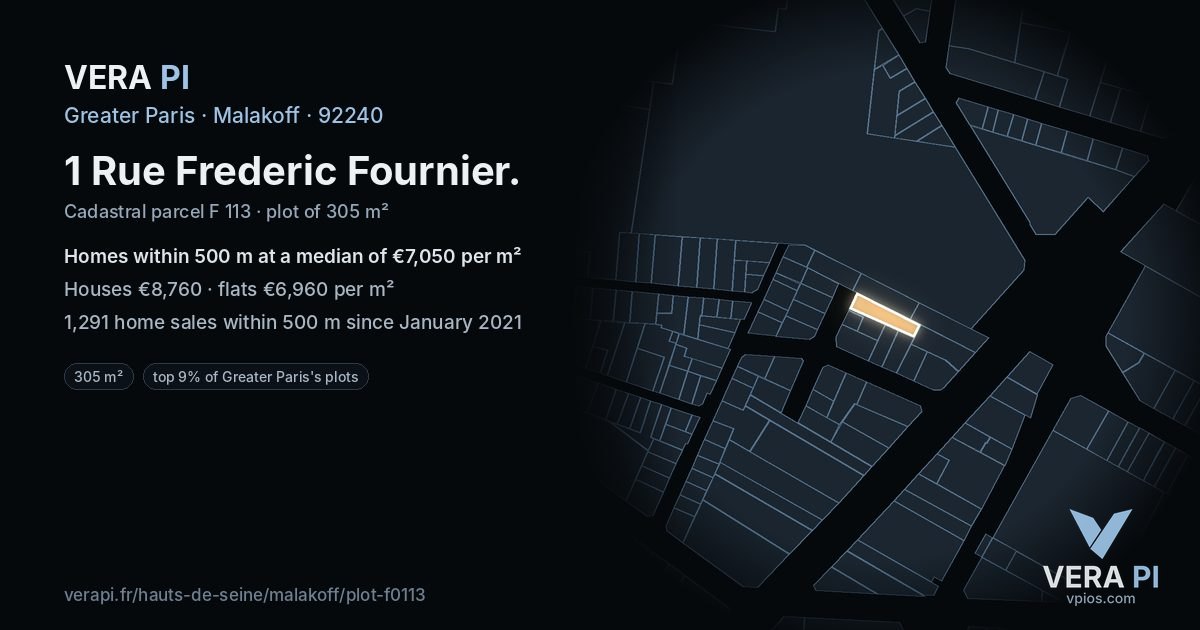 1 Rue Frederic Fournier, Malakoff at night – the plot lit, the parcels around coloured by the prices near them