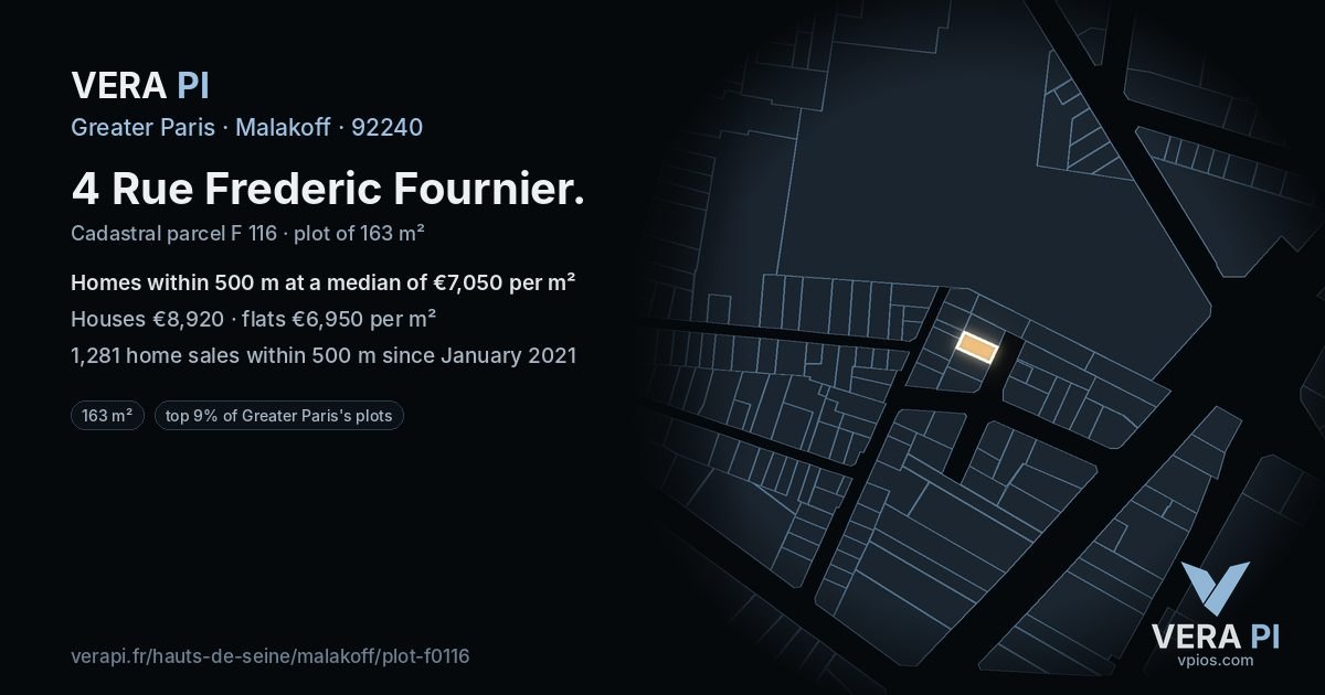 4 Rue Frederic Fournier, Malakoff at night – the plot lit, the parcels around coloured by the prices near them