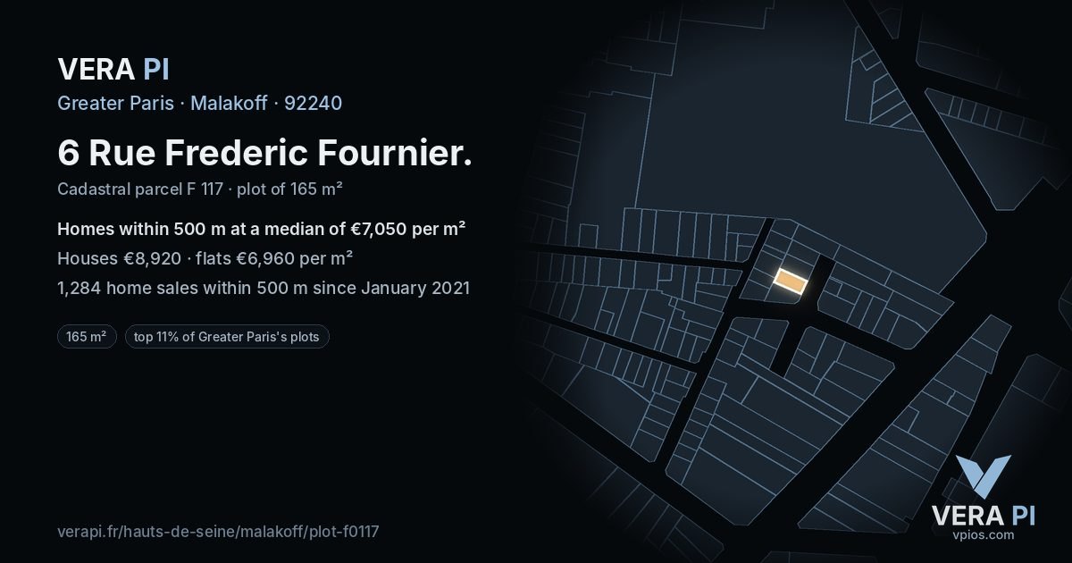 6 Rue Frederic Fournier, Malakoff at night – the plot lit, the parcels around coloured by the prices near them