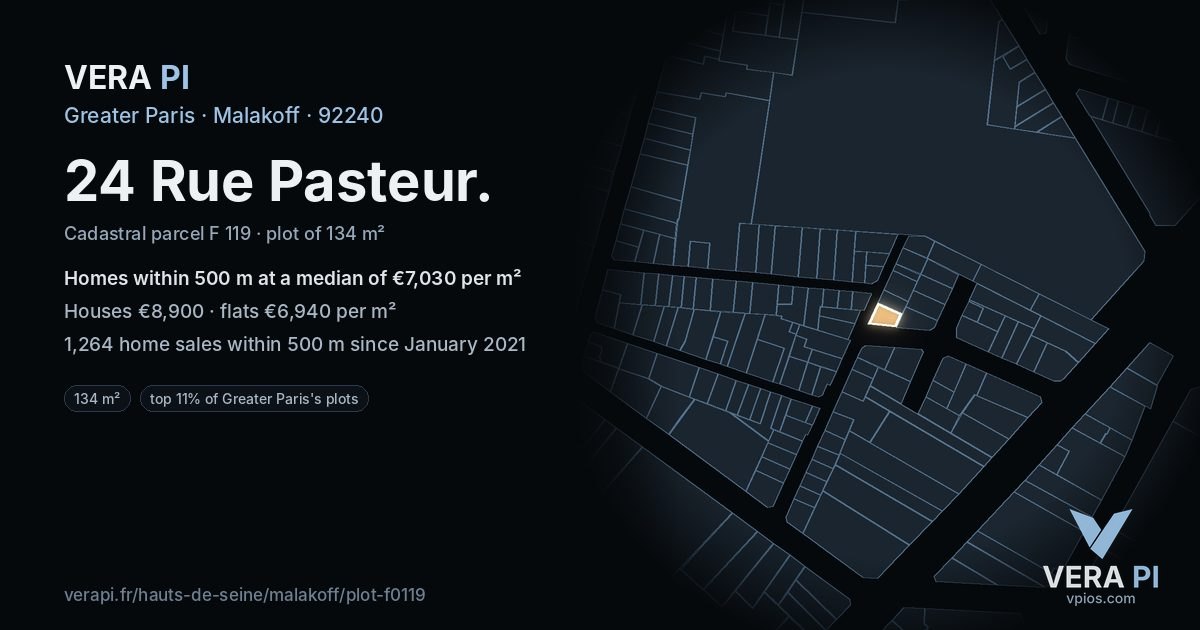 24 Rue Pasteur, Malakoff at night – the plot lit, the parcels around coloured by the prices near them