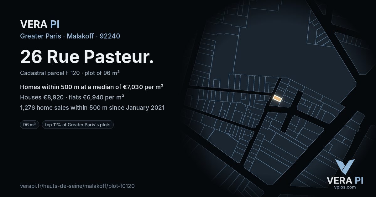 26 Rue Pasteur, Malakoff at night – the plot lit, the parcels around coloured by the prices near them