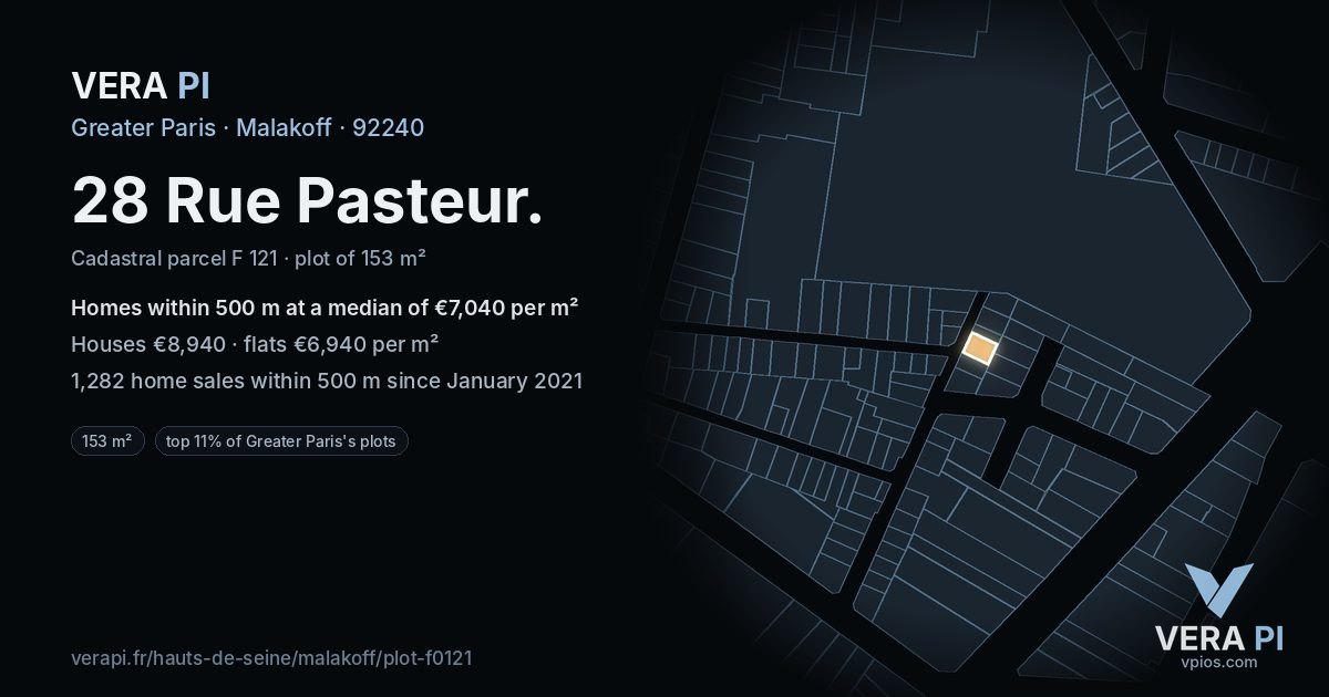 28 Rue Pasteur, Malakoff at night – the plot lit, the parcels around coloured by the prices near them