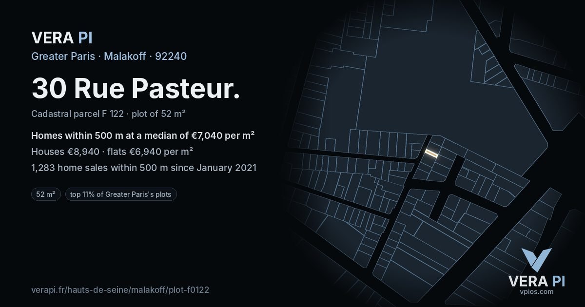 30 Rue Pasteur, Malakoff at night – the plot lit, the parcels around coloured by the prices near them