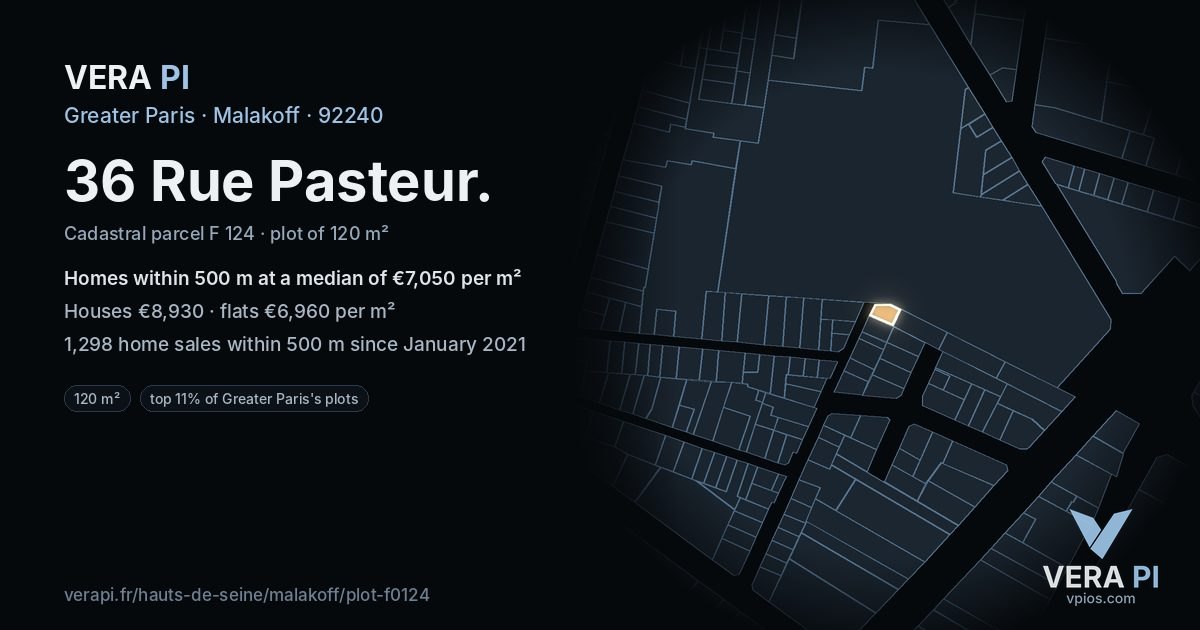 36 Rue Pasteur, Malakoff at night – the plot lit, the parcels around coloured by the prices near them