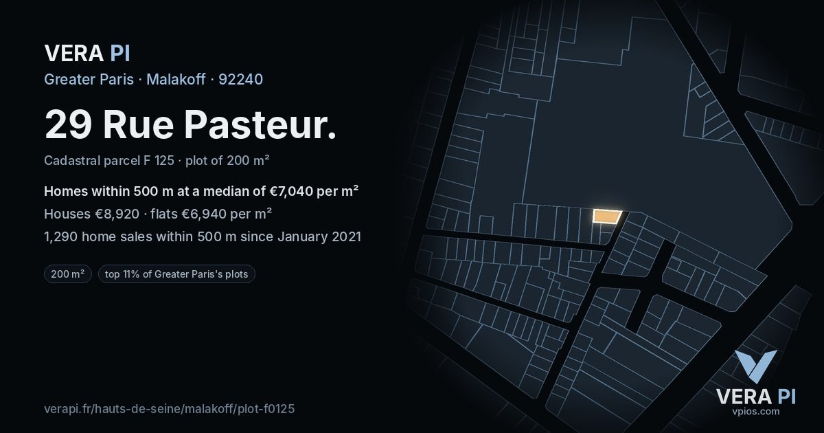 29 Rue Pasteur, Malakoff at night – the plot lit, the parcels around coloured by the prices near them