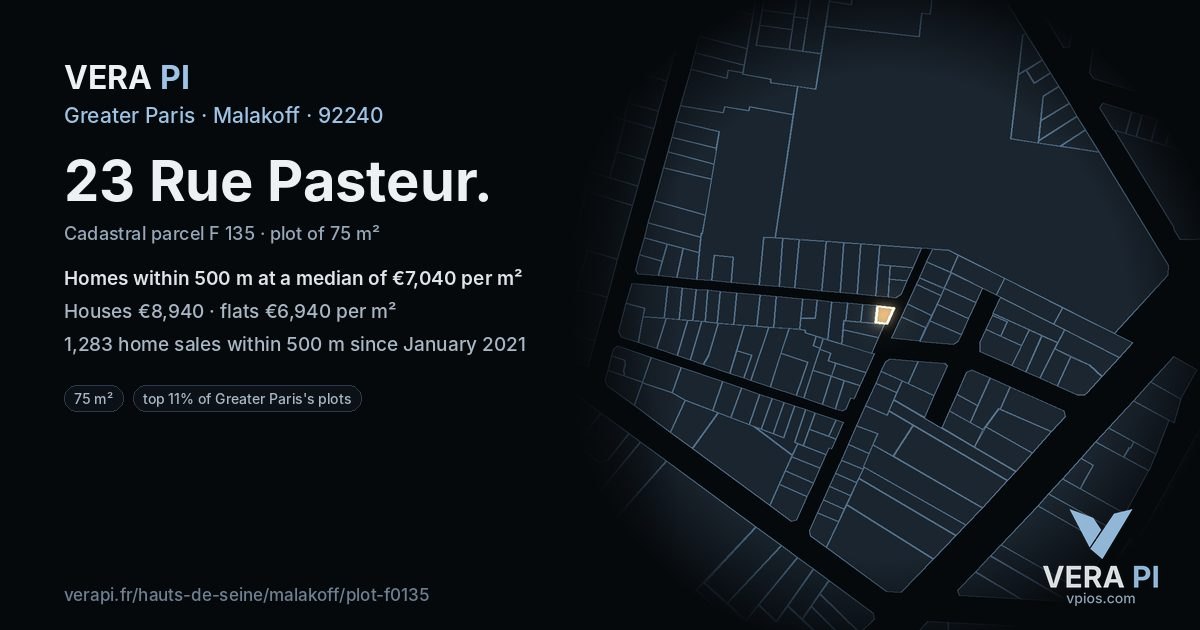 23 Rue Pasteur, Malakoff at night – the plot lit, the parcels around coloured by the prices near them
