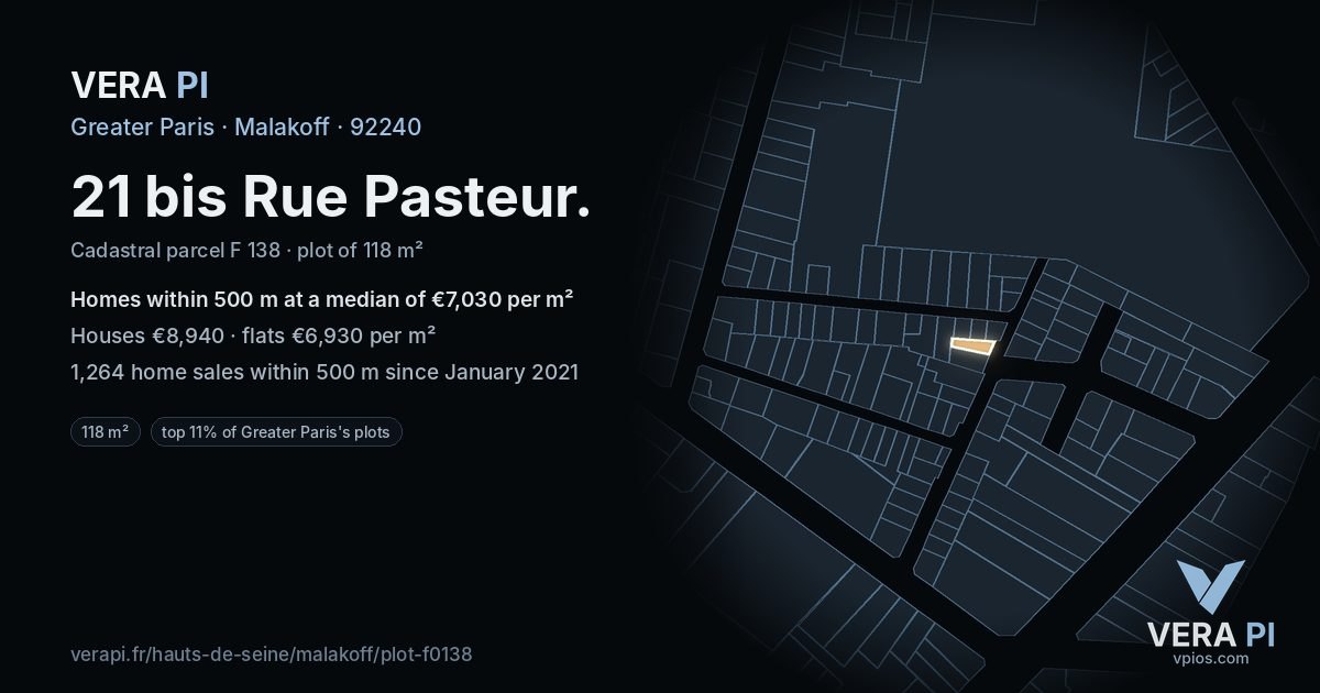 21 bis Rue Pasteur, Malakoff at night – the plot lit, the parcels around coloured by the prices near them