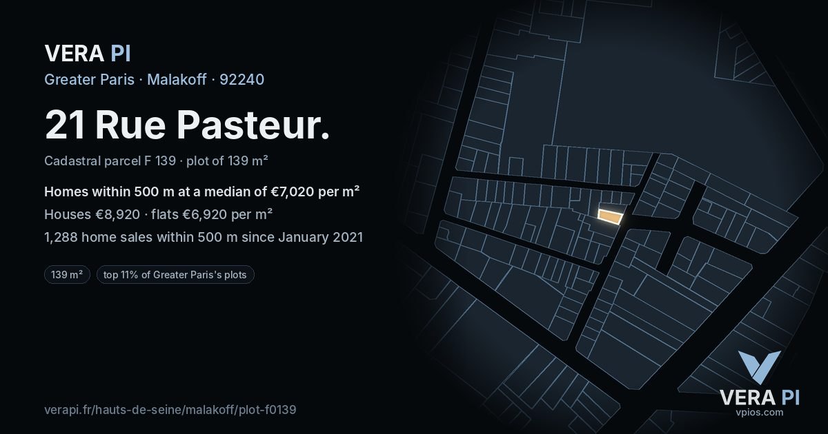 21 Rue Pasteur, Malakoff at night – the plot lit, the parcels around coloured by the prices near them