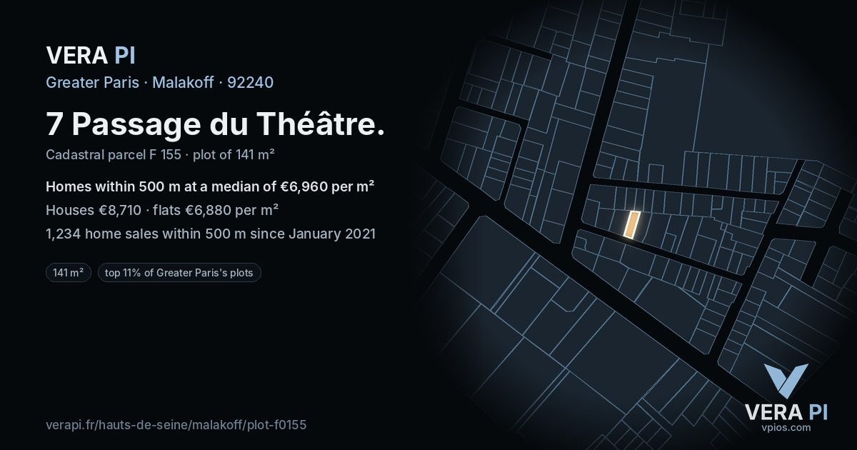 7 Passage du Théâtre, Malakoff at night – the plot lit, the parcels around coloured by the prices near them