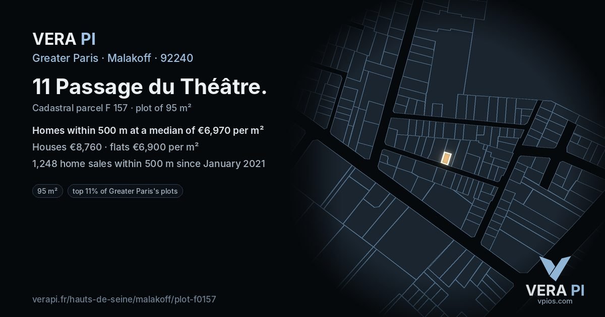 11 Passage du Théâtre, Malakoff at night – the plot lit, the parcels around coloured by the prices near them