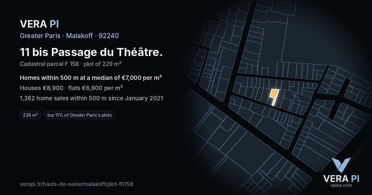11 bis Passage du Théâtre, Malakoff at night – the plot lit, the parcels around coloured by the prices near them