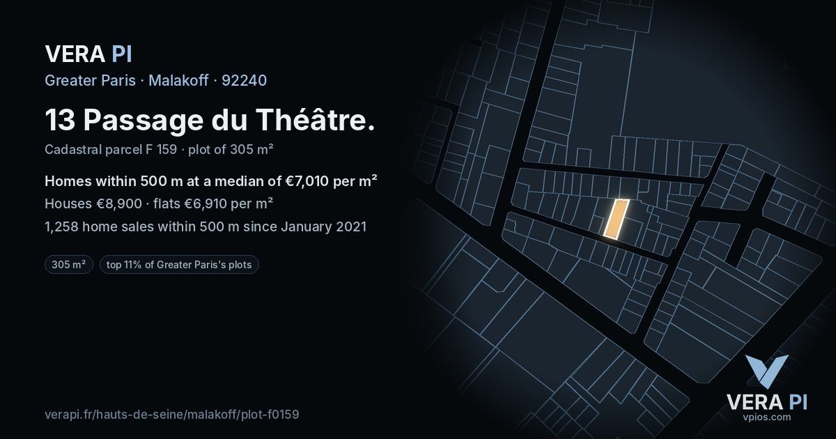 13 Passage du Théâtre, Malakoff at night – the plot lit, the parcels around coloured by the prices near them