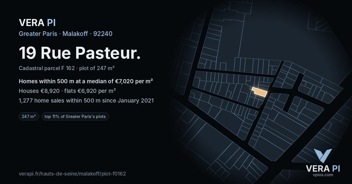 19 Rue Pasteur, Malakoff at night – the plot lit, the parcels around coloured by the prices near them
