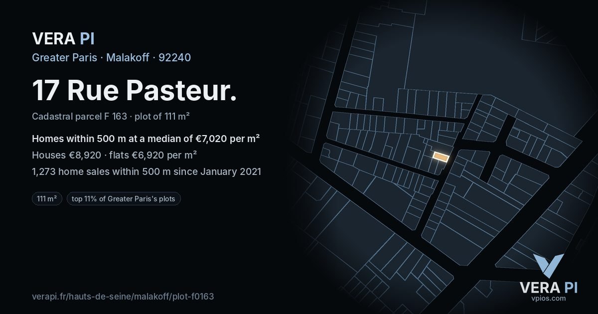 17 Rue Pasteur, Malakoff at night – the plot lit, the parcels around coloured by the prices near them