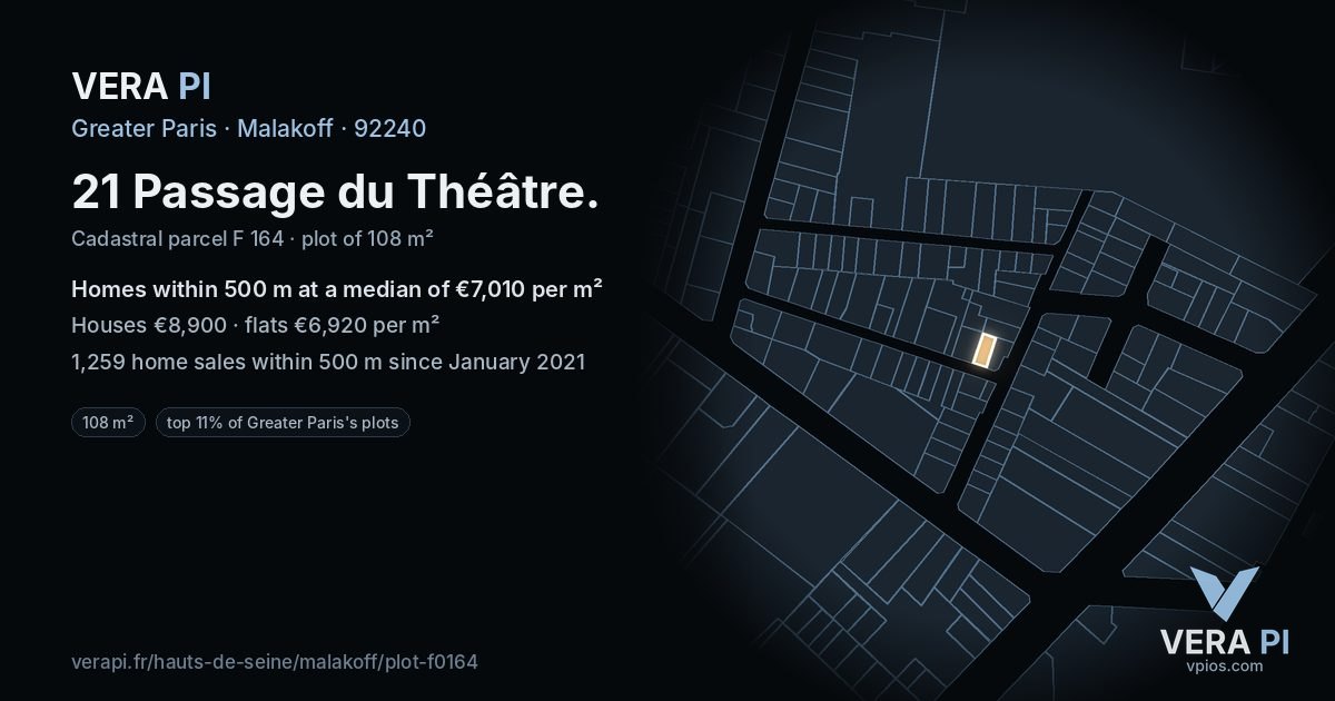 21 Passage du Théâtre, Malakoff at night – the plot lit, the parcels around coloured by the prices near them