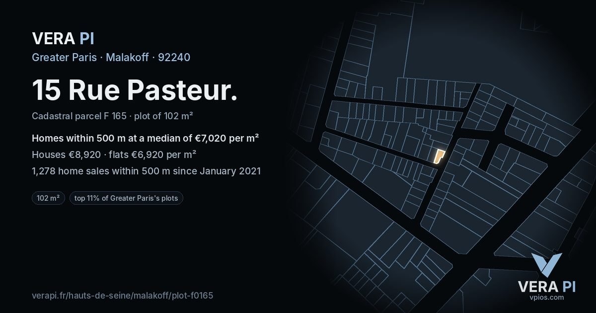 15 Rue Pasteur, Malakoff at night – the plot lit, the parcels around coloured by the prices near them